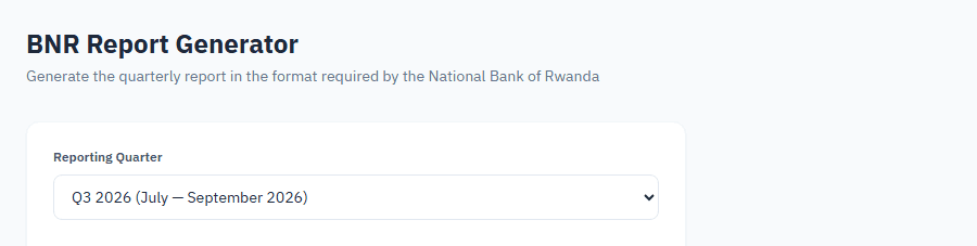 FenAfrica's real BNR report generator, showing the quarterly reporting period selector